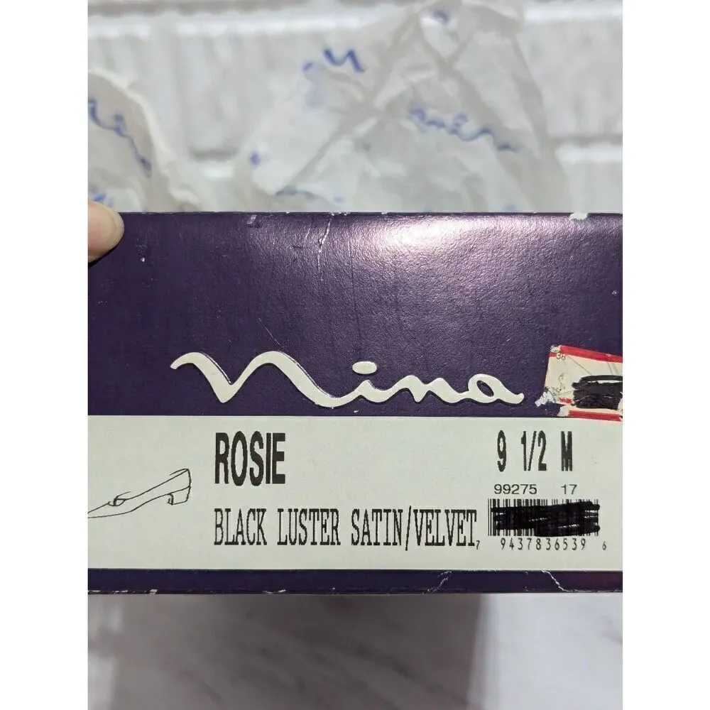 Nina Women's 9.5M Black Luster Satin Velvet Rosie Pump Heels Size 9.5M New In Bo